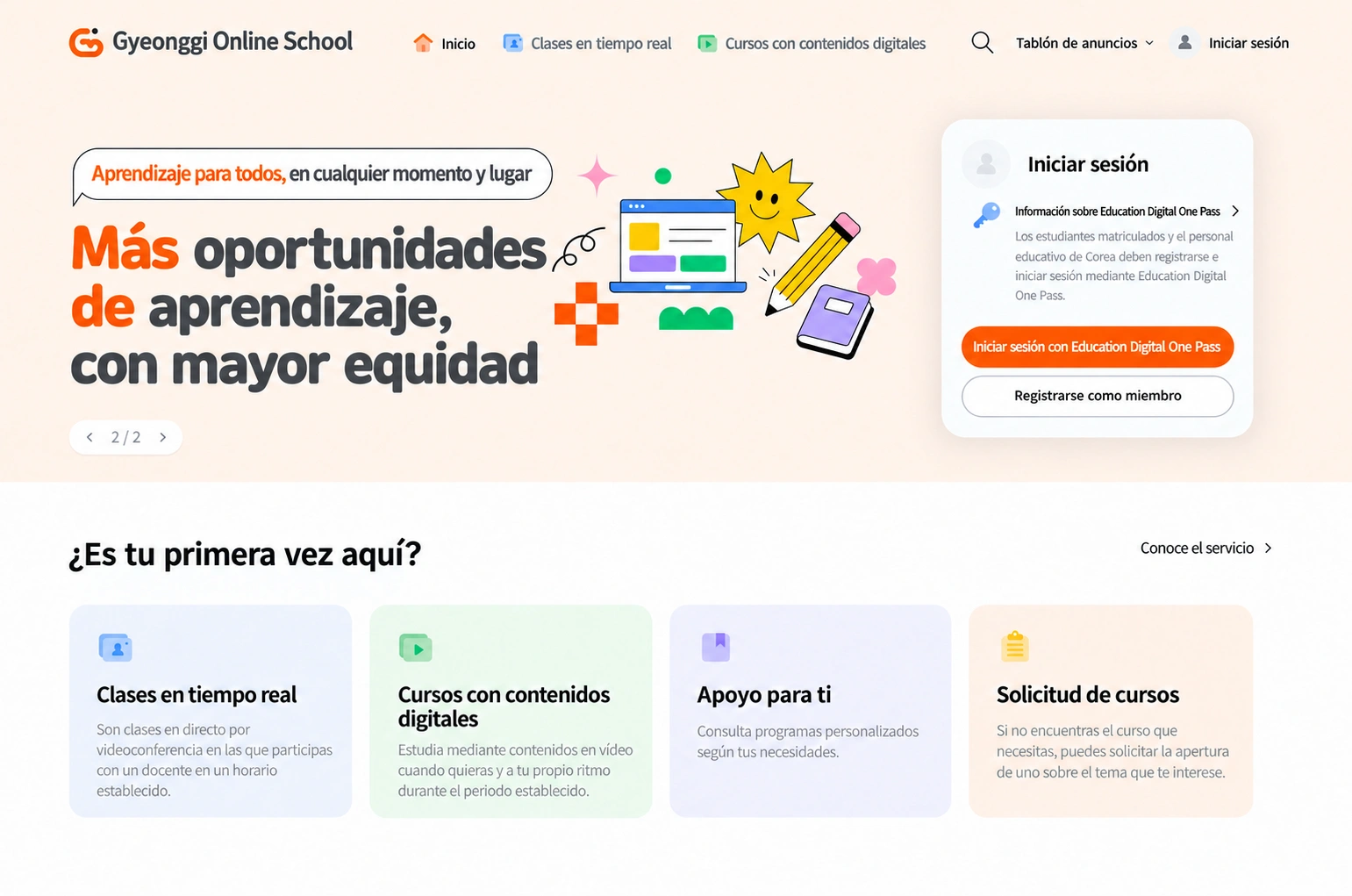 Página de inicio de Gyeonggi Online School con información sobre clases en tiempo real y cursos con contenidos digitales