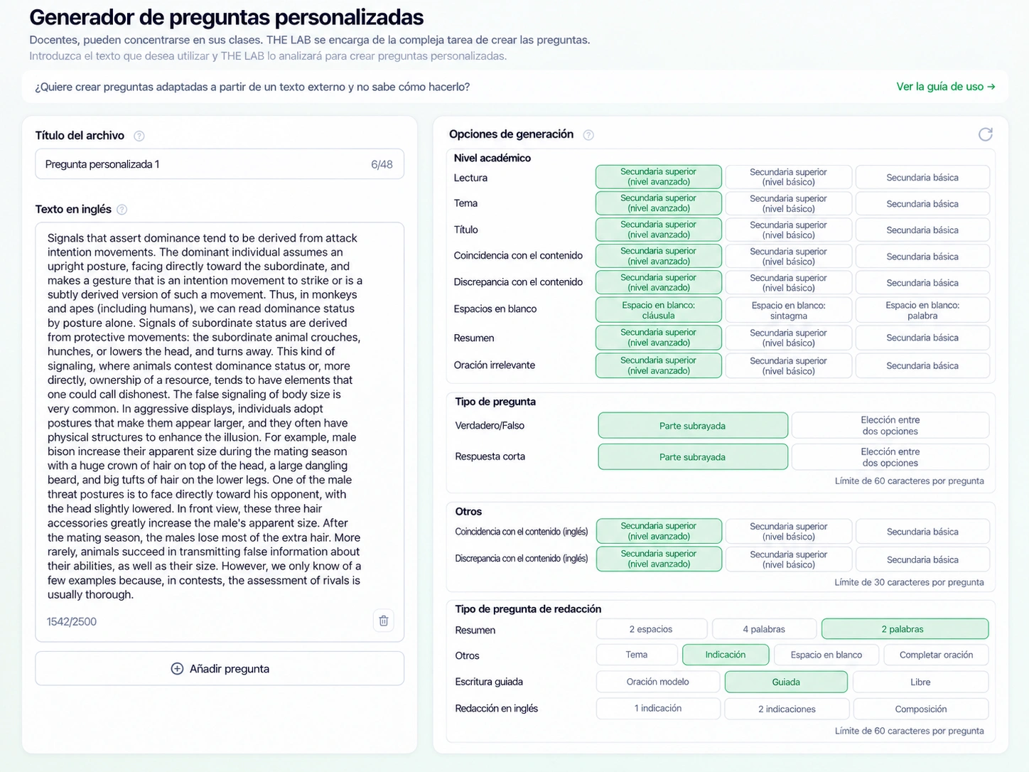 Generador de preguntas personalizadas para seleccionar textos y tipos de preguntas