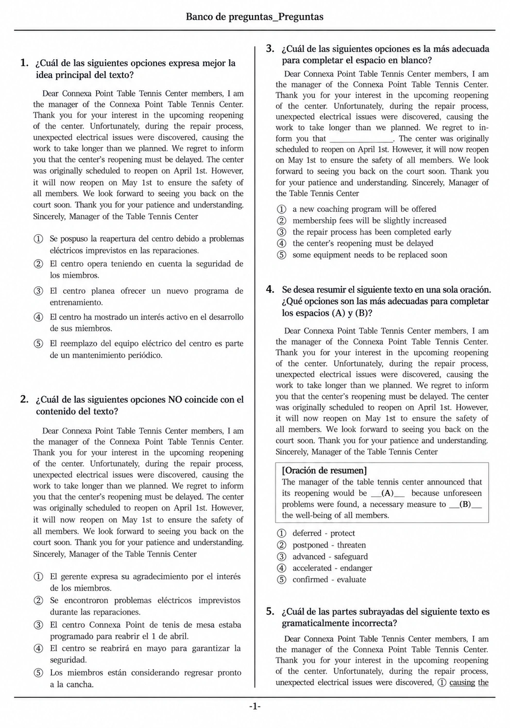 Preguntas adaptadas de inglés creadas a partir de un aviso sobre la reapertura de un centro de tenis de mesa