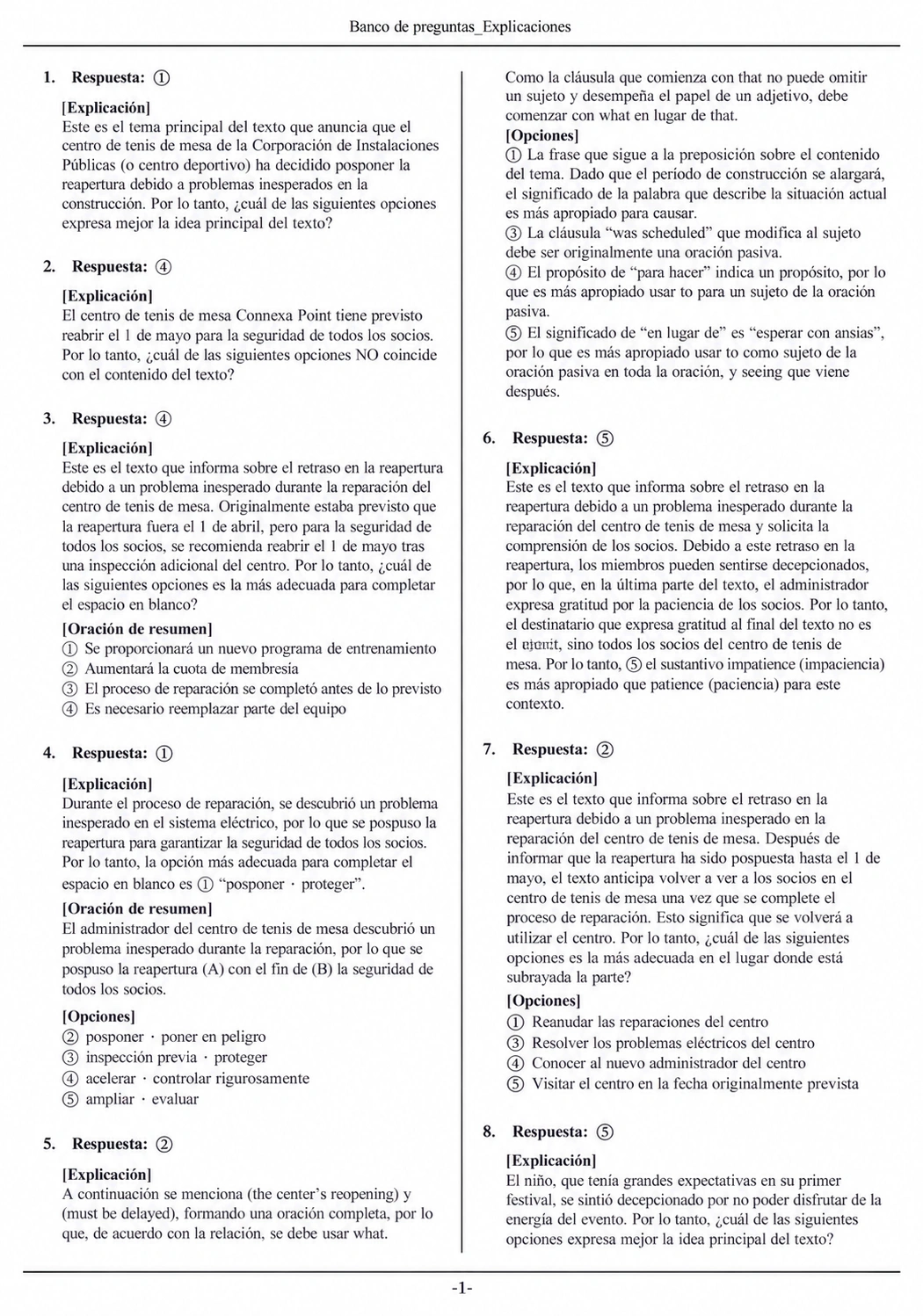 Hoja de explicaciones con el fundamento de las respuestas correctas y las opciones incorrectas del texto sobre la reapertura de un centro de tenis de mesa